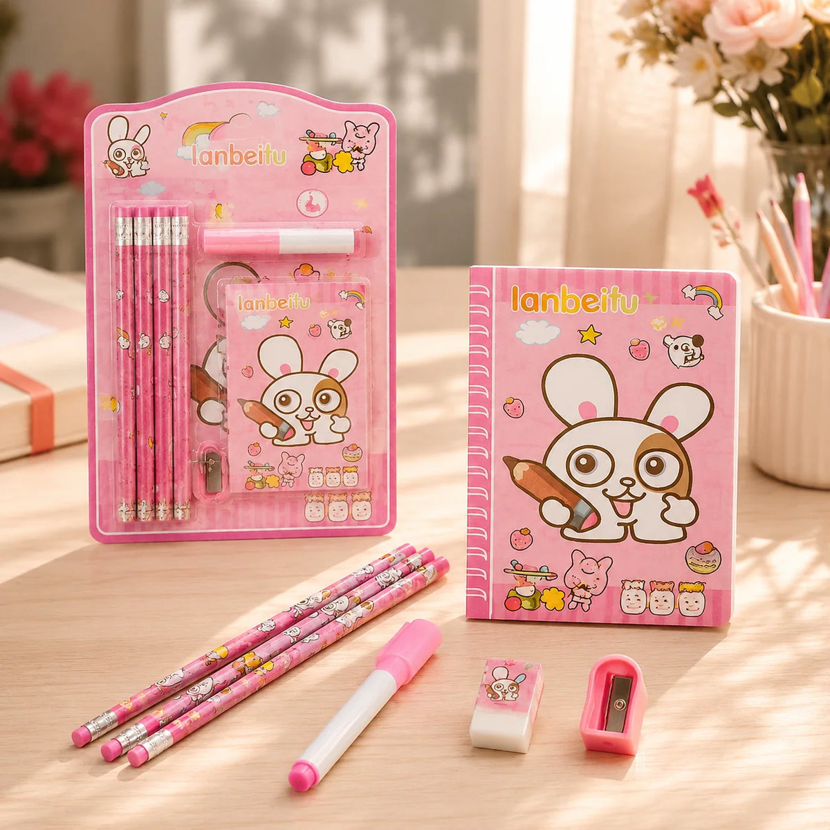 Pink Bunny Stationery Kit for Kids – 8 Piece Set