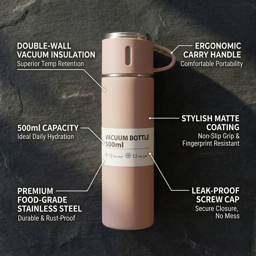 500 ml Stainless Steel Vacuum Flask Set with 3 Cups