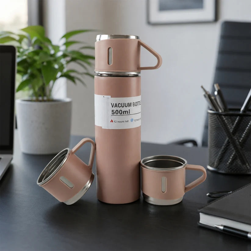 500 ml Stainless Steel Vacuum Flask Set with 3 Cups