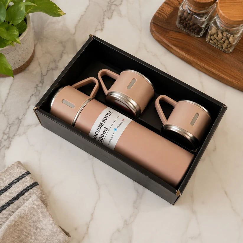 500 ml Stainless Steel Vacuum Flask Set with 3 Cups