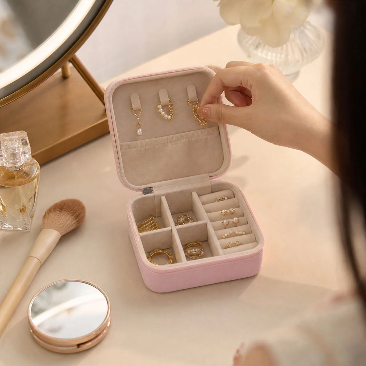 Mini Travel Jewellery Organiser Box with Zipper Closure (1 Pc)
