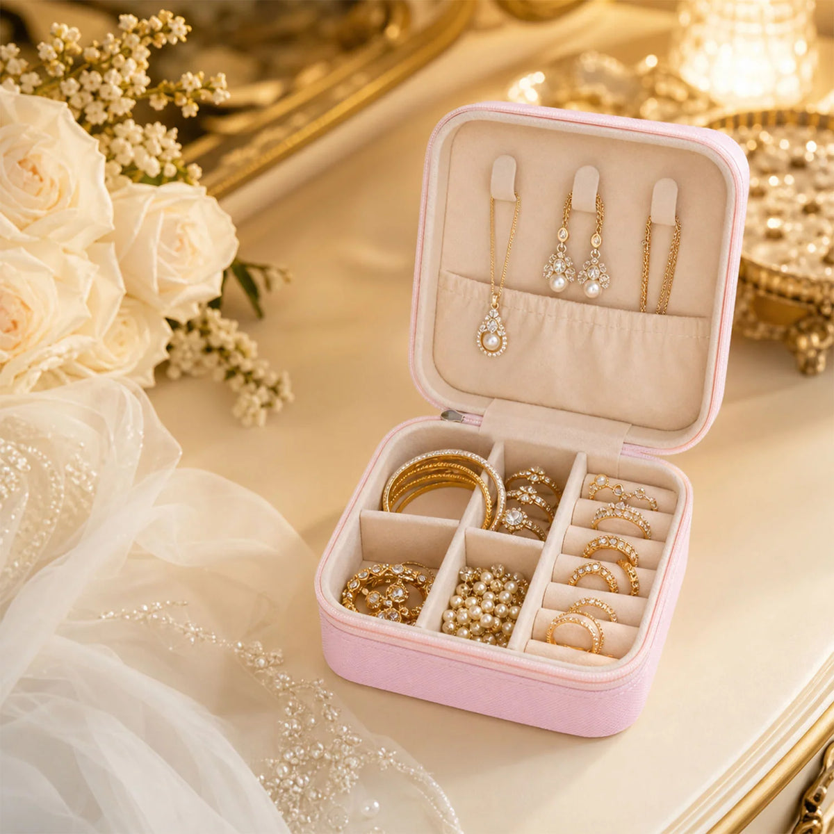 Mini Travel Jewellery Organiser Box with Zipper Closure (1 Pc)