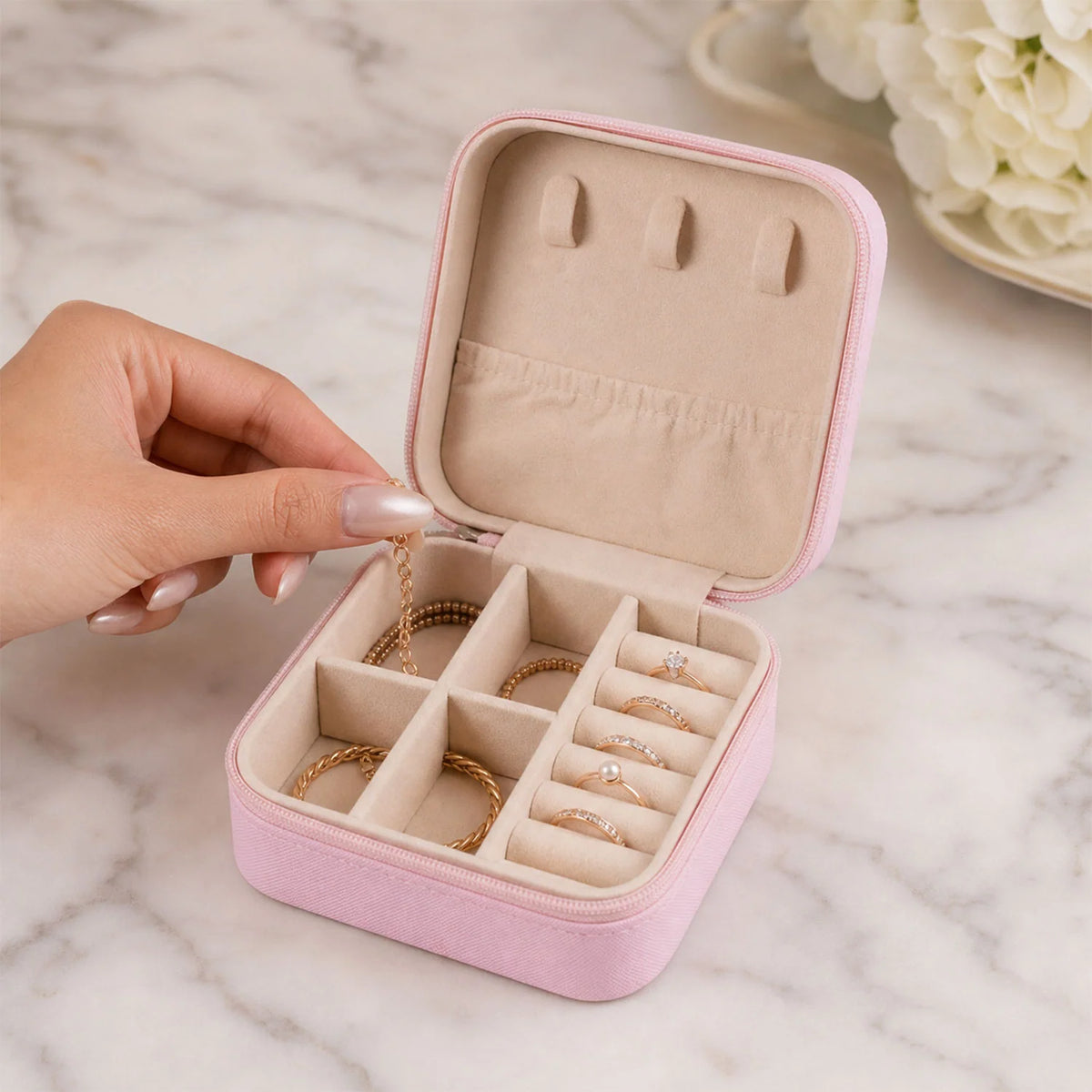 Mini Travel Jewellery Organiser Box with Zipper Closure (1 Pc)